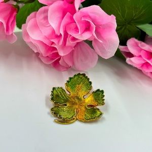 Green Enamel Leaf Vintage Gold Plated Brooch